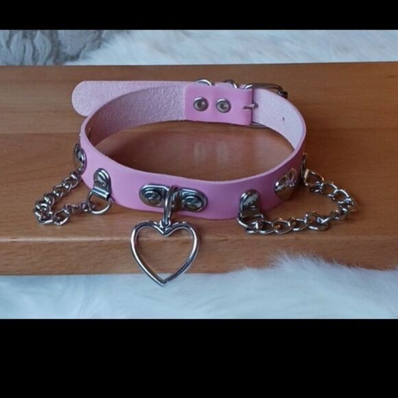 Pink Silver Heart Shaped Choker Necklace, PINK Silver Heart Pendant Choker - Picture 7 of 12